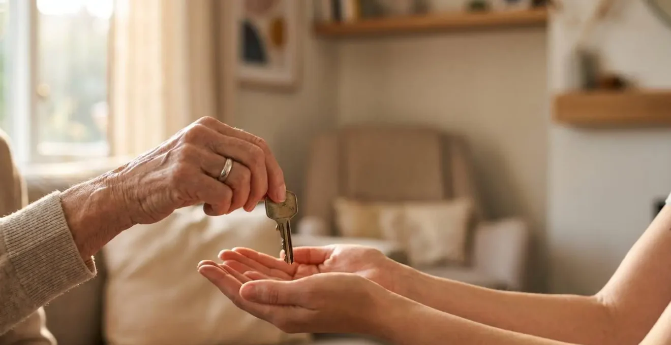 Une main âgée dépose délicatement une clé dorée dans les mains jointes d'une main plus jeune, symbolisant la transmission de la sérénité financière face aux obsèques
