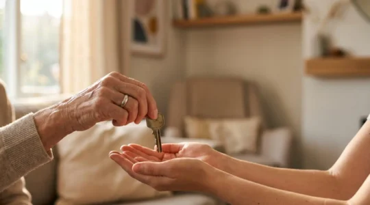 Une main âgée dépose délicatement une clé dorée dans les mains jointes d'une main plus jeune, symbolisant la transmission de la sérénité financière face aux obsèques
