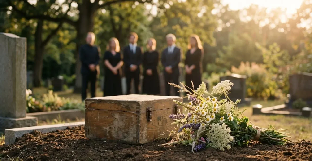 Scène de recueillement personnalisée près d'une tombe fleurie au cimetière, ambiance lumineuse et intime