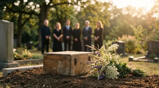Scène de recueillement personnalisée près d'une tombe fleurie au cimetière, ambiance lumineuse et intime