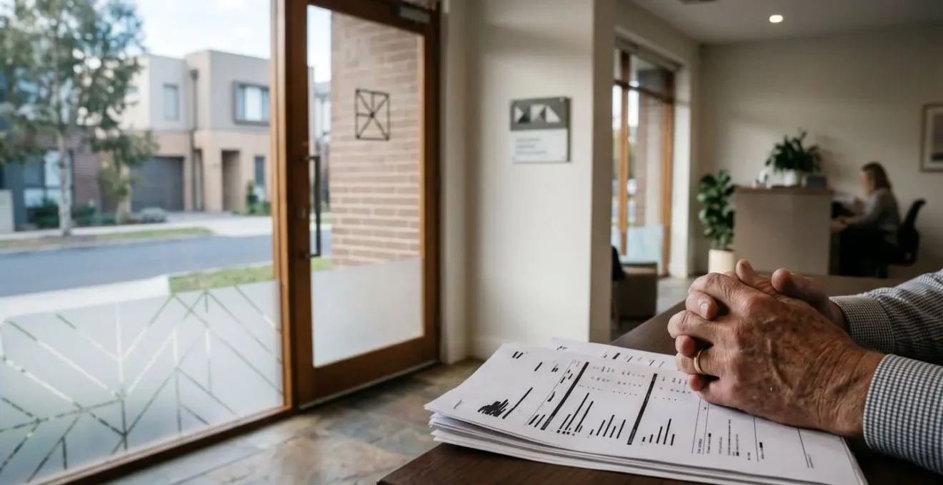 Personne tenant des documents administratifs face à une agence de services professionnels dans un environnement calme et respectueux
