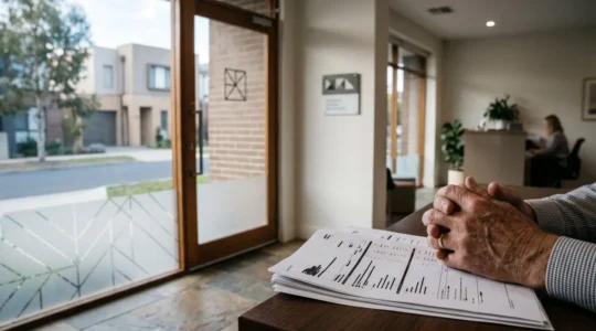 Personne tenant des documents administratifs face à une agence de services professionnels dans un environnement calme et respectueux