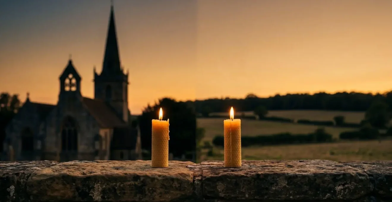 Deux bougies allumées côte à côte, l'une face à une silhouette d'église, l'autre face à un paysage naturel ouvert, symbolisant le choix entre hommage religieux et civil