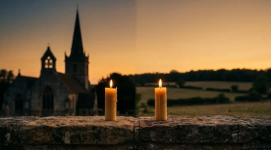 Deux bougies allumées côte à côte, l'une face à une silhouette d'église, l'autre face à un paysage naturel ouvert, symbolisant le choix entre hommage religieux et civil