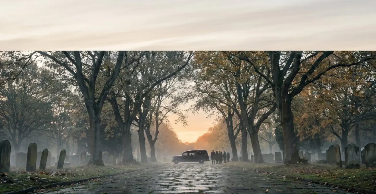 Allée d'un cimetière au petit matin avec un corbillard au loin, illustrant le déroulement d'une journée d'obsèques du matin à l'après-midi