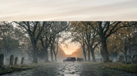 Allée d'un cimetière au petit matin avec un corbillard au loin, illustrant le déroulement d'une journée d'obsèques du matin à l'après-midi