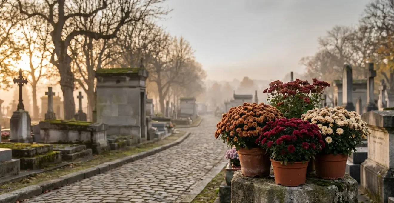 Un cimetière français à l'automne, recouvert de pots de chrysanthèmes colorés, symbole du souvenir des défunts
