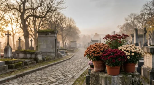 Un cimetière français à l'automne, recouvert de pots de chrysanthèmes colorés, symbole du souvenir des défunts