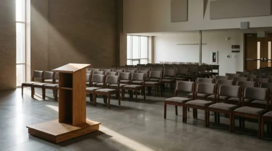 Rangée de chaises vides face à un pupitre dans une salle de cérémonie funéraire baignée de lumière douce, symbolisant le temps mesuré d'un hommage.