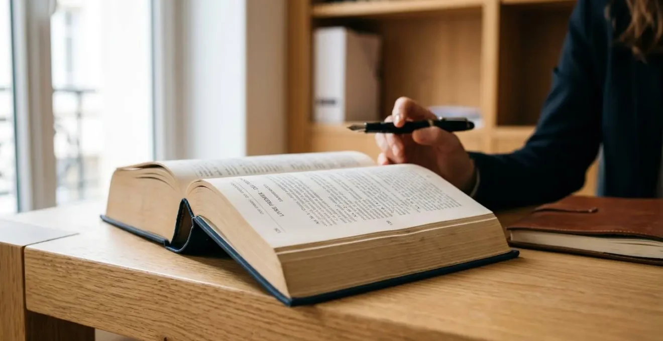 Code civil français ouvert sur un bureau, montrant un article de loi, avec une main tenant un stylo en arrière-plan