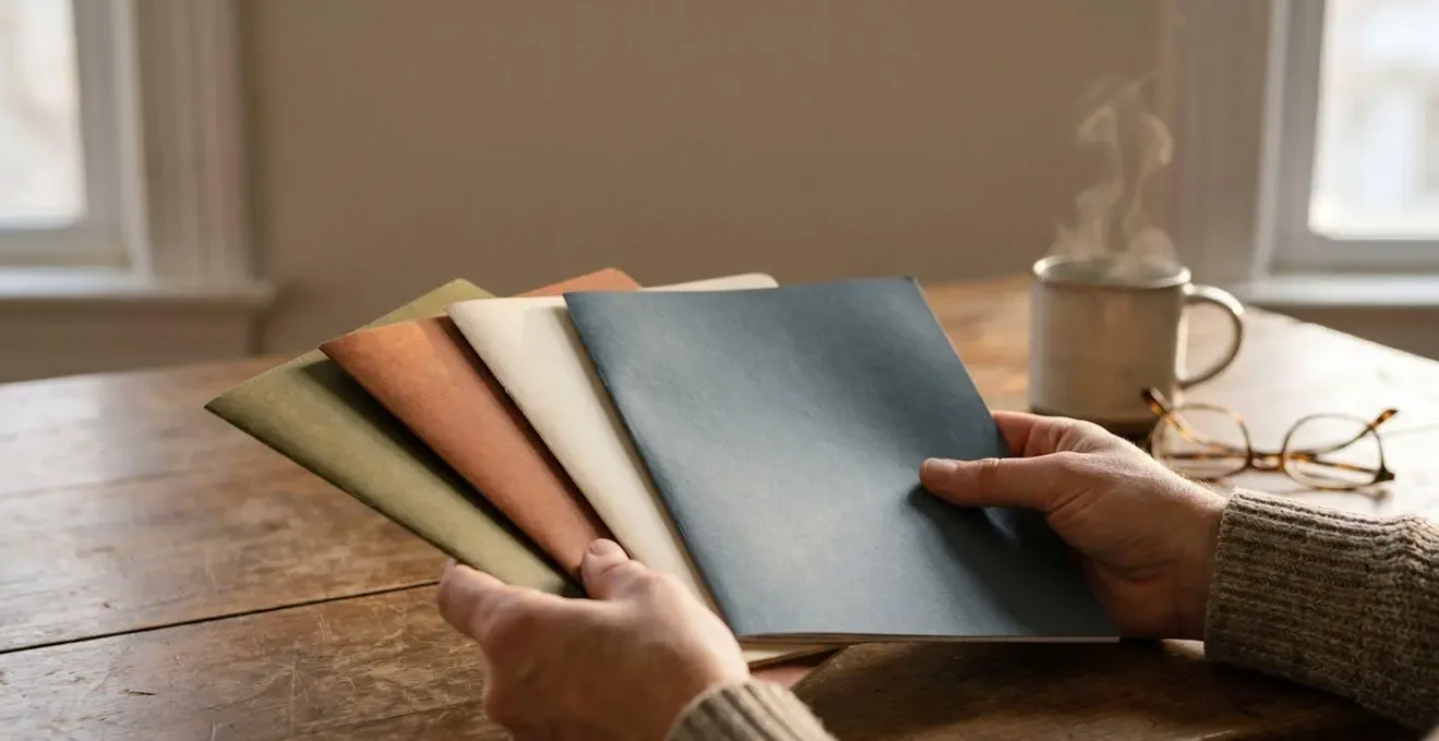 Mains comparant plusieurs documents de devis funeraires abstraits sur une table en bois, symbolisant la comparaison de prestataires
