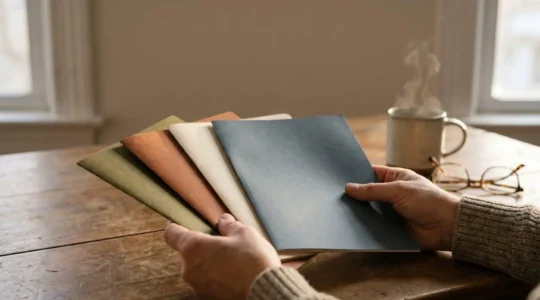 Mains comparant plusieurs documents de devis funeraires abstraits sur une table en bois, symbolisant la comparaison de prestataires