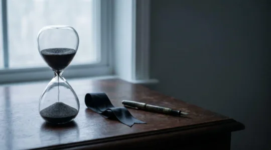 Sablier et ruban noir posés sur un bureau sombre, symbolisant l'urgence des 48 heures suivant un décès pour activer un contrat obsèques