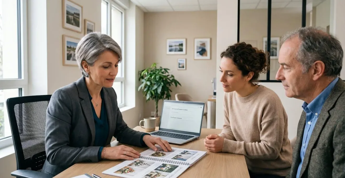 Conseiller funéraire montrant des options de cérémonies dans un catalogue à un client dans une agence moderne de Nantes