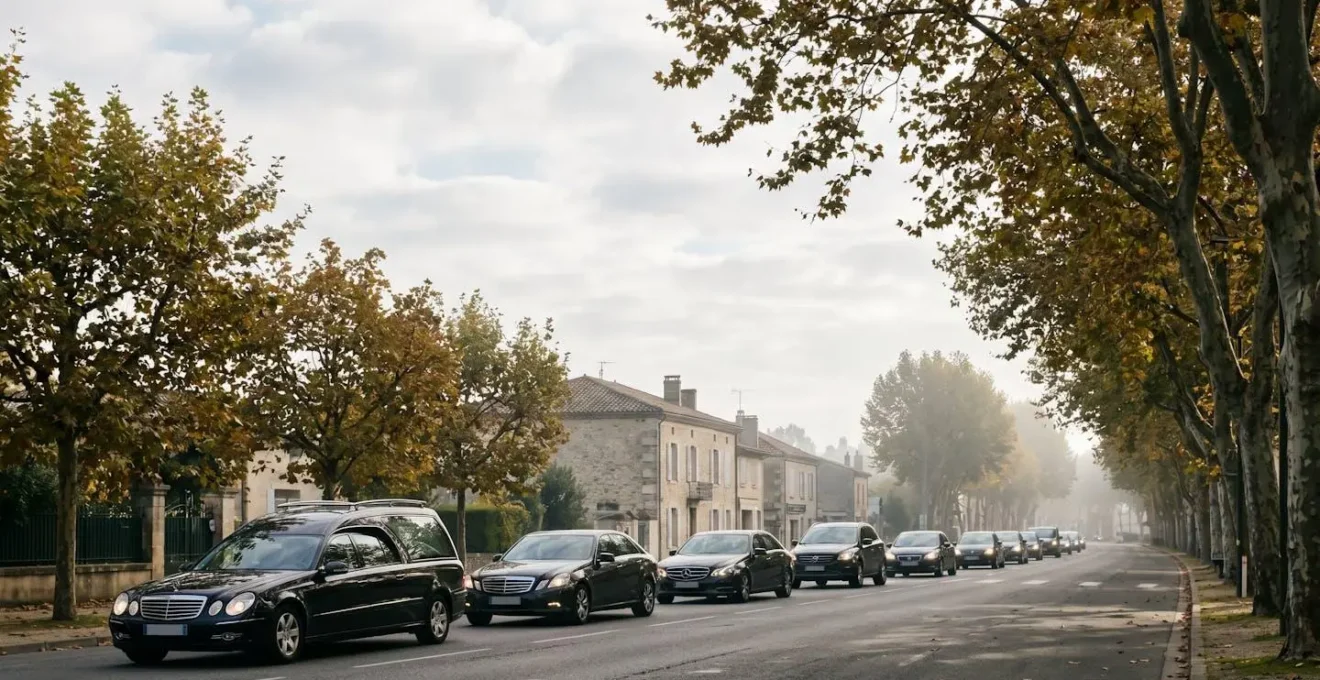 Convoi funéraire de plusieurs véhicules roulant en file organisée sur une route bordée d'arbres, sous une lumière douce de fin de journée.