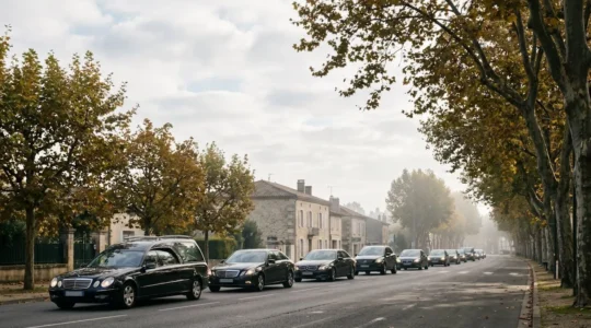 Convoi funéraire de plusieurs véhicules roulant en file organisée sur une route bordée d'arbres, sous une lumière douce de fin de journée.