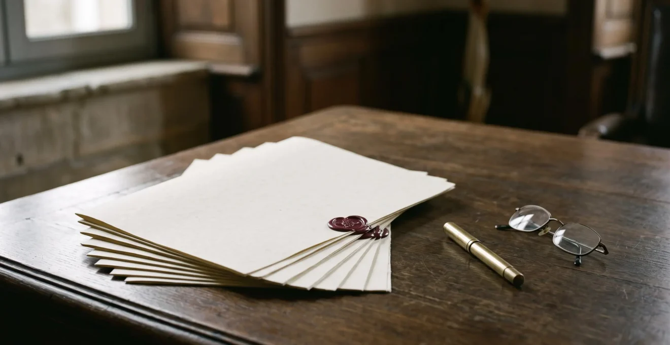 Pile de documents administratifs officiels vierges disposés en éventail sur un bureau en bois, symbolisant les multiples copies nécessaires aux démarches après un décès