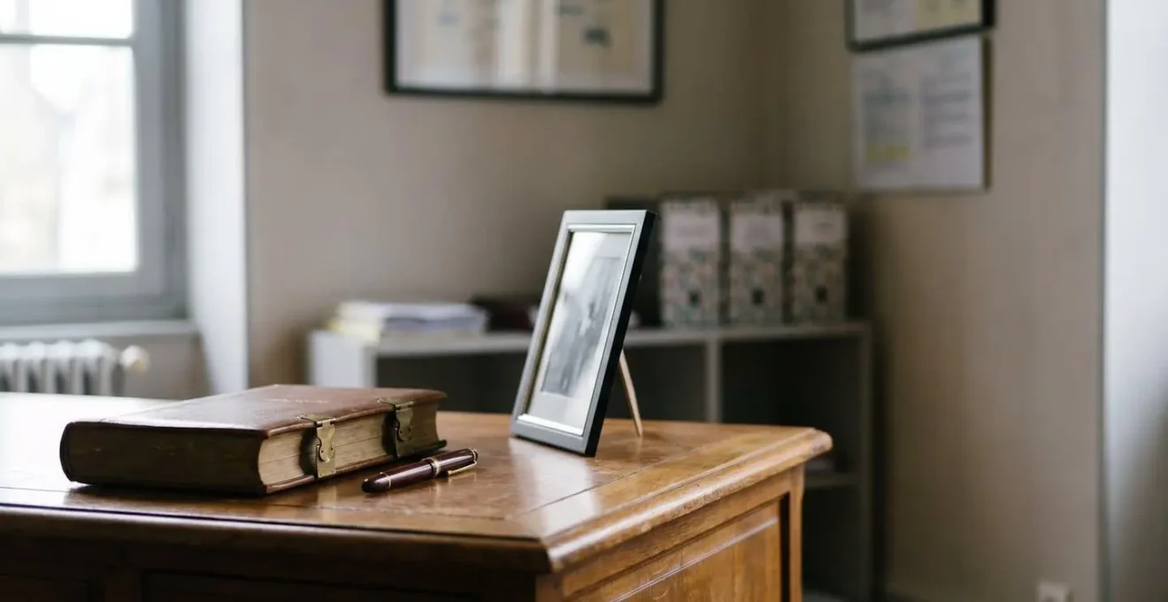 Symbole de la precision administrative dans les demarches funeraires, avec des documents et une plume sur un bureau epure