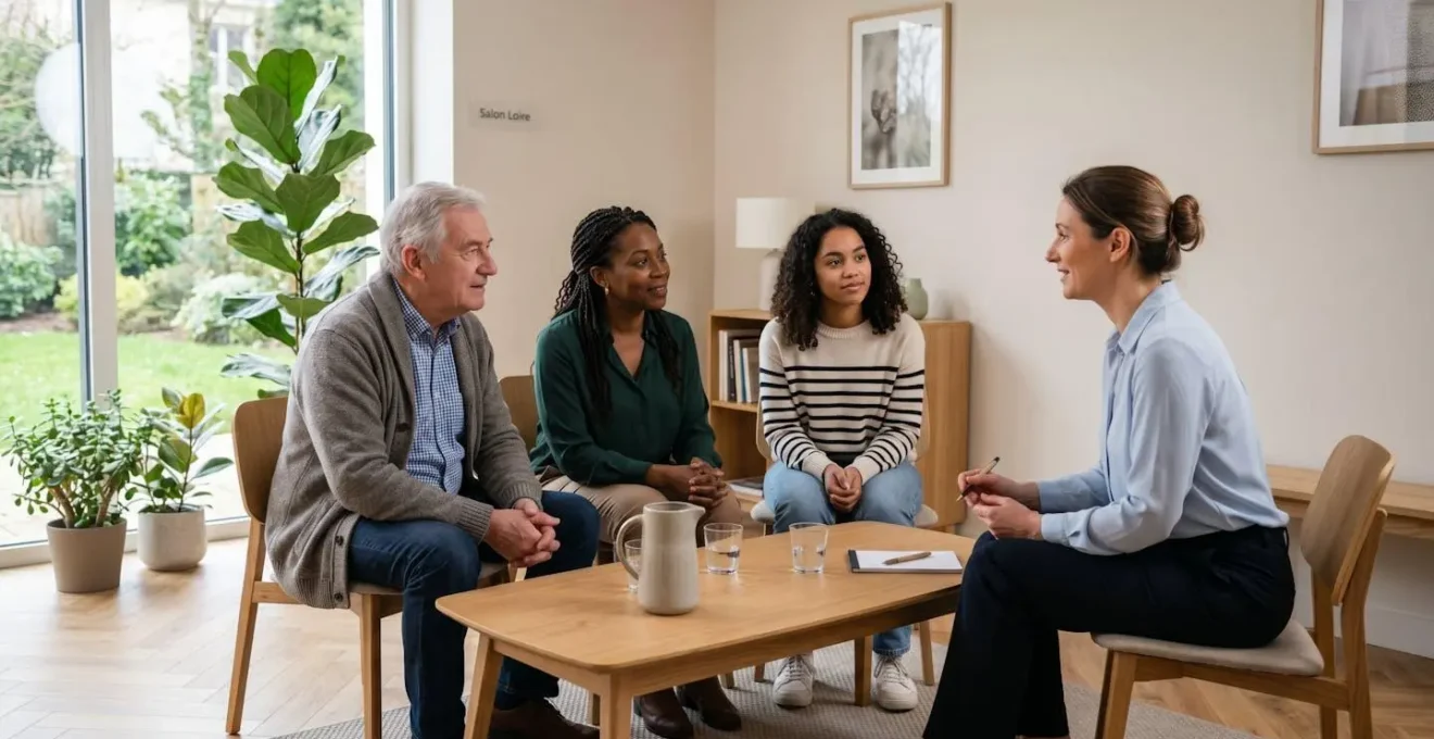 Famille de trois générations réunie autour d'une table avec un conseiller funéraire dans un salon contemporain lumineux à Nantes, en discussion calme et respectueuse