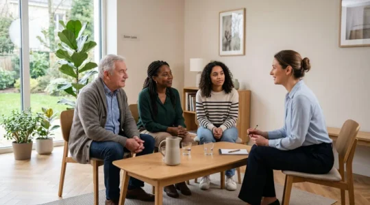 Famille de trois générations réunie autour d'une table avec un conseiller funéraire dans un salon contemporain lumineux à Nantes, en discussion calme et respectueuse