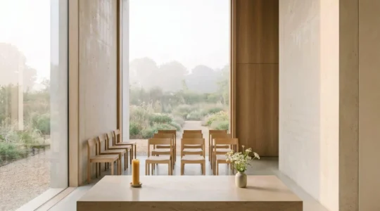 Espace de cérémonie funéraire baigné de lumière naturelle, symbolisant un hommage personnel et apaisé