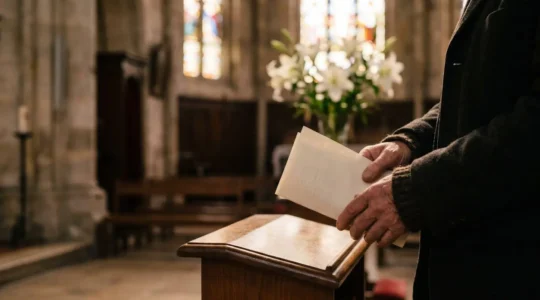 Des mains tenant délicatement un discours plié lors d'une cérémonie funéraire, entourées de lumière douce et de fleurs blanches