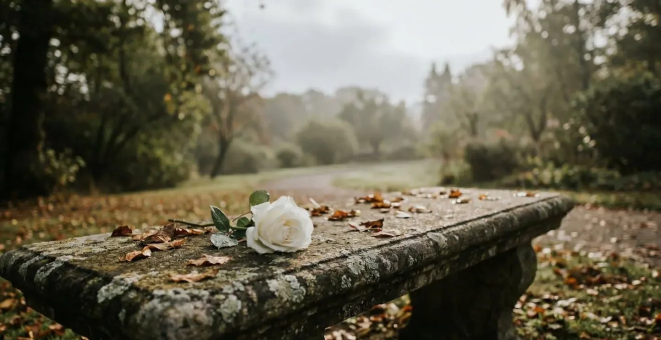 Une rose blanche posée sur un banc de pierre ancien dans une lumière douce du matin, symbolisant l'hommage silencieux d'un poème funéraire