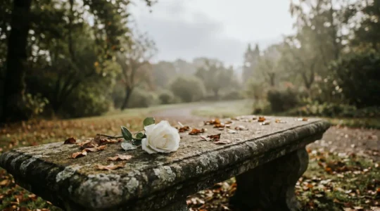 Une rose blanche posée sur un banc de pierre ancien dans une lumière douce du matin, symbolisant l'hommage silencieux d'un poème funéraire