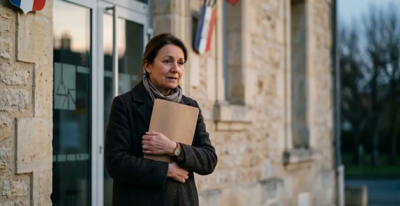 Personne tenant un dossier de documents administratifs devant l'entree d'une mairie francaise au petit matin, symbole des premieres demarches apres un deces