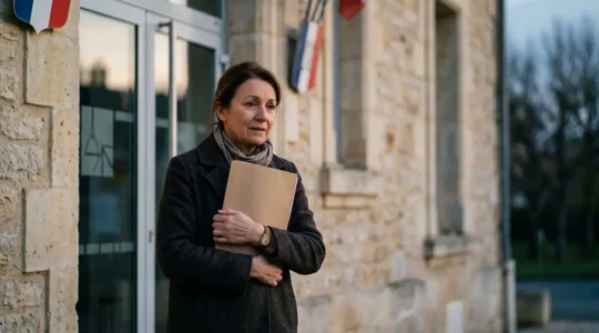 Personne tenant un dossier de documents administratifs devant l'entree d'une mairie francaise au petit matin, symbole des premieres demarches apres un deces