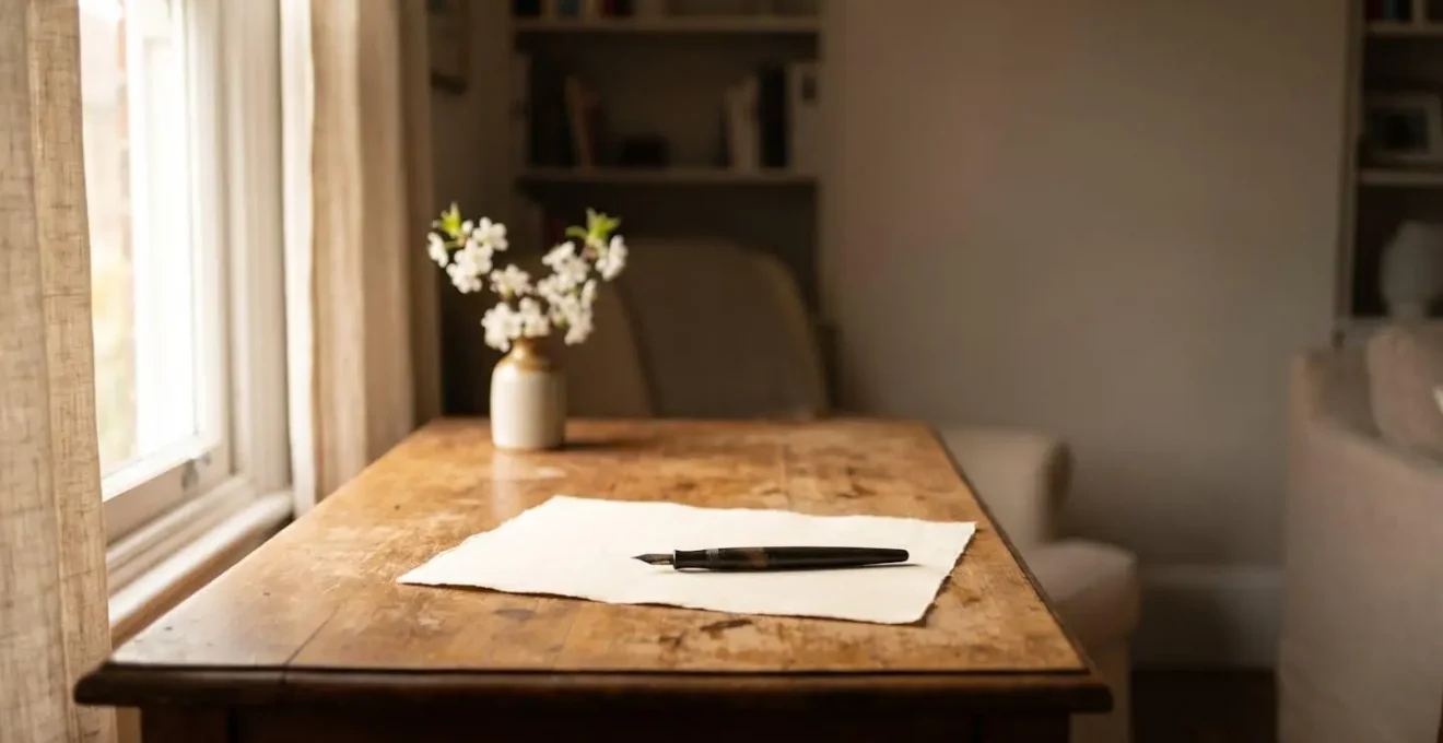 Une main pose avec soin un stylo sur une feuille épurée posée sur une table en bois, évoquant la rédaction respectueuse d'un faire-part de décès