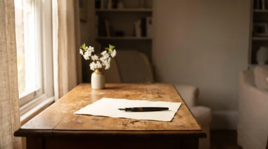 Une main pose avec soin un stylo sur une feuille épurée posée sur une table en bois, évoquant la rédaction respectueuse d'un faire-part de décès