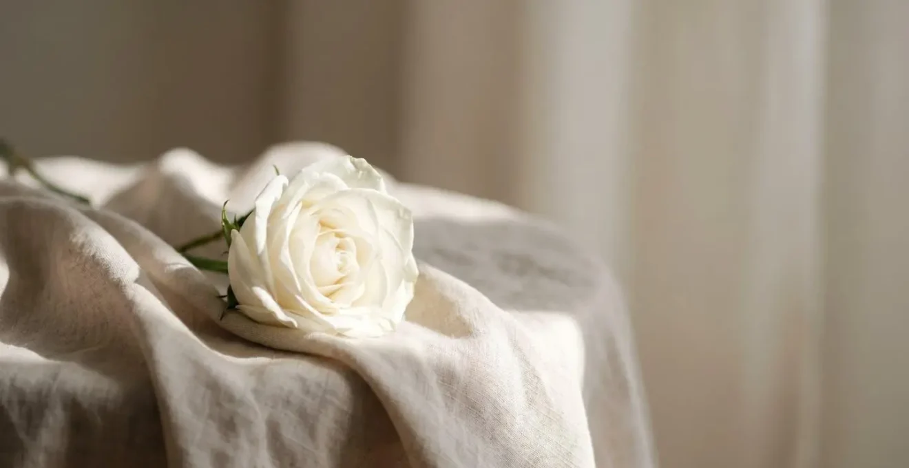 Une unique rose blanche déposée délicatement sur un tissu clair, symbole de pureté et d'hommage à un enfant disparu