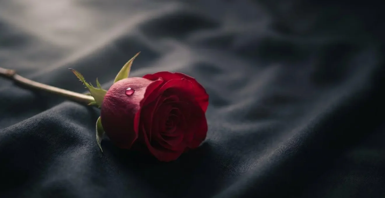 Une unique rose rouge posée sur un tissu sombre, symbole d'un amour passionné rendu hommage lors de funérailles