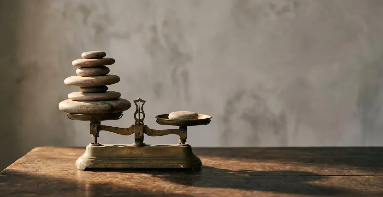 Composition symbolique représentant l'équilibre et les strates cachées des tarifs funéraires, avec un jeu d'ombre et de lumière évoquant la transparence des prix.