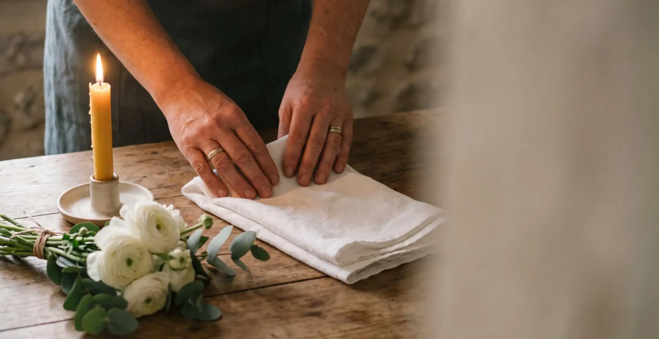Mains posant delicatement un tissu blanc immacule pres d'une bougie allumee, symbolisant le respect et la dignite de la toilette mortuaire