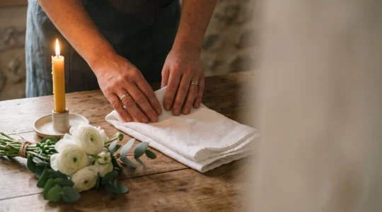 Mains posant delicatement un tissu blanc immacule pres d'une bougie allumee, symbolisant le respect et la dignite de la toilette mortuaire