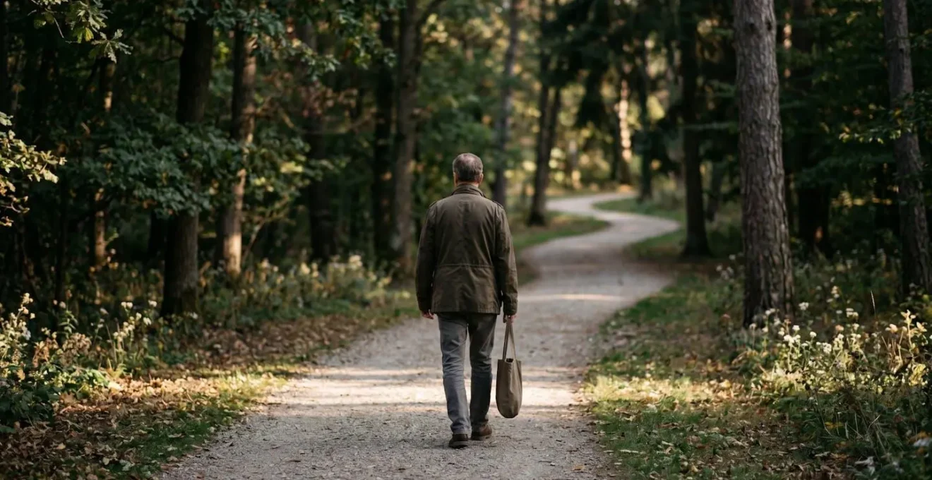 Silhouette d'une personne marchant seule sur un chemin baigné d'une lumière changeante, symbolisant le cheminement non linéaire du deuil