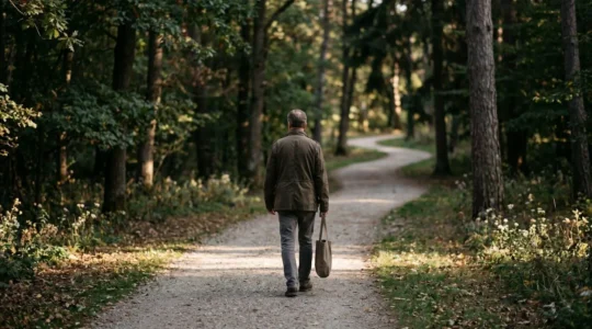 Silhouette d'une personne marchant seule sur un chemin baigné d'une lumière changeante, symbolisant le cheminement non linéaire du deuil
