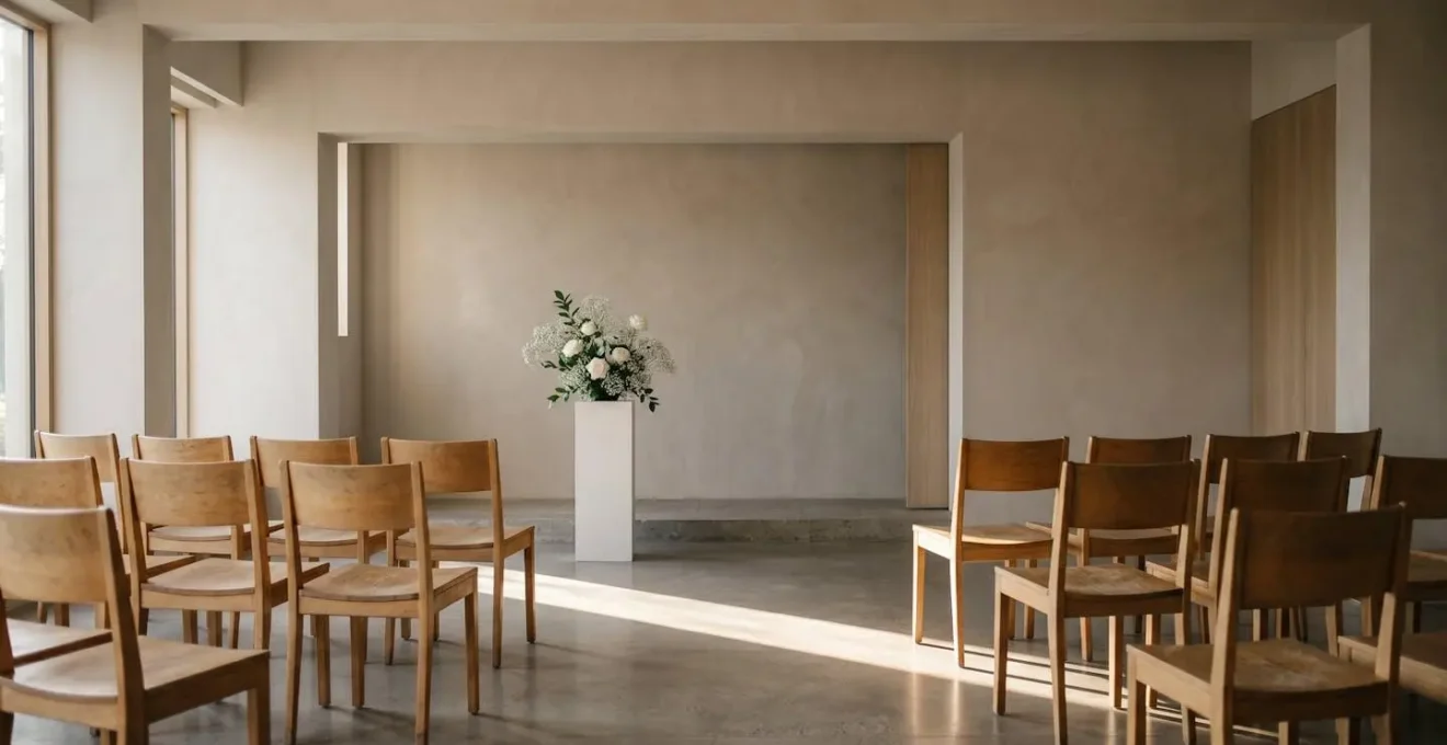 Salle de cérémonie funéraire épurée baignée de lumière douce, évoquant un moment de recueillement silencieux